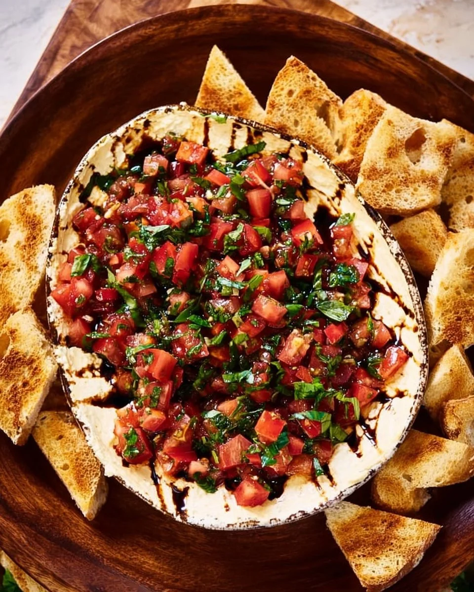 Delicious bruschetta dip served with toasted bread slices
