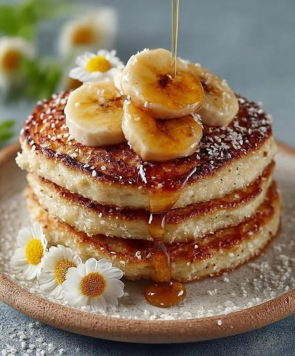 Stack of fluffy banana pancakes drizzled with syrup and garnished with sliced bananas