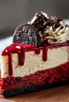 Delicious Red Velvet Oreo Cheesecake with Oreo crumbs and creamy frosting