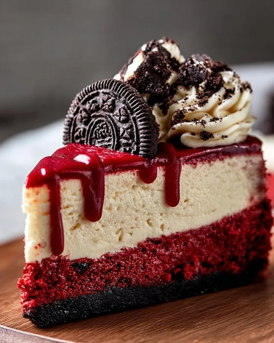 Delicious Red Velvet Oreo Cheesecake with Oreo crumbs and creamy frosting